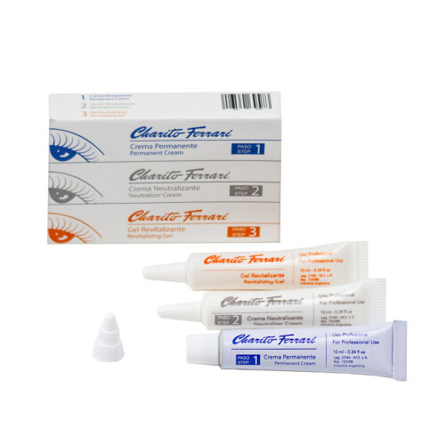 988 - CHARITO FERRARI - PESTAÑAS Y CEJAS - PERMANENTE, NEUTRALIZANTE Y GEL REVITALIZANTE EN CAJA